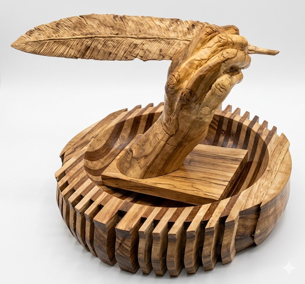 Scultura in legno — mano con piuma — Palini Aurelio